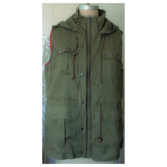 NEW OLIVE GREEN LINEN STUDDED ANORAK VEST L - Picture 9 of 10